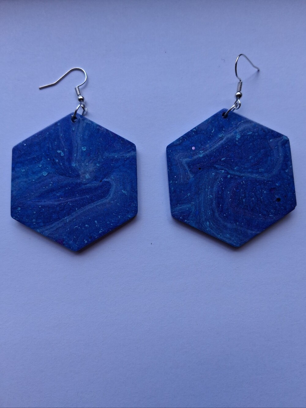 Hand Crafted Navy Marble Hexagon Drop Earrings